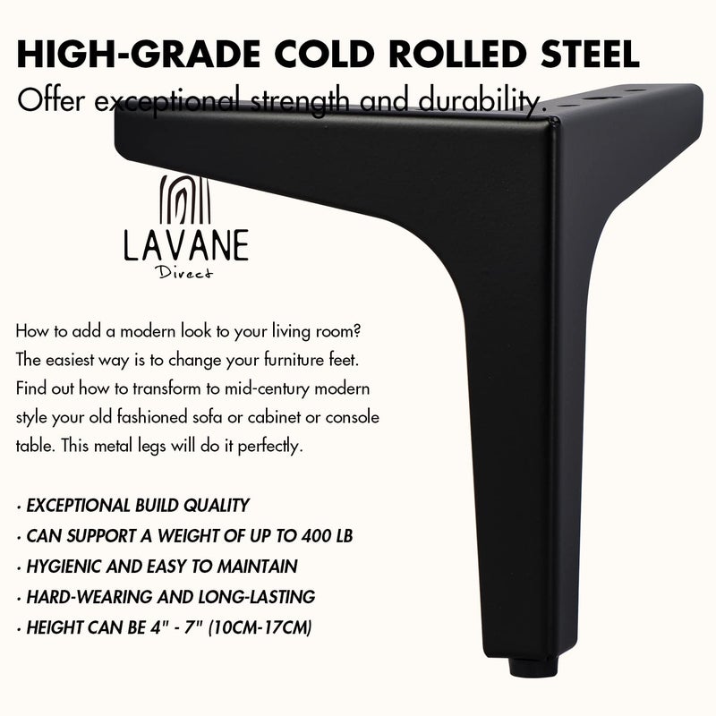 La Vane 6 Inch Metal Furniture Legs, Set of 4 - Modern Diamond Triangle Black DIY Replacement Feet Corner Legs for Cabinet, Sofa, Sideboard, Couch, Dresser Makeover - Image 3